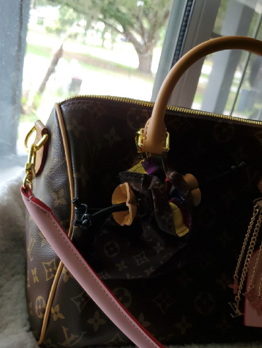 Brown Monogram Satchel with Pink Strap and Gold Hardware - Picture 3 of 11